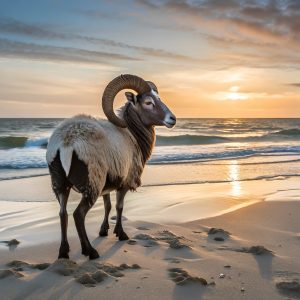 A ram standing on a beach at sunrise.
