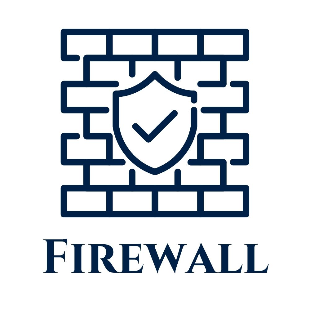 Firewall with icon of brick wall with a shield on it