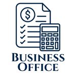 business office with icon of calculator and money checklist
