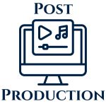 post production with icon of computer with music and play button pop up