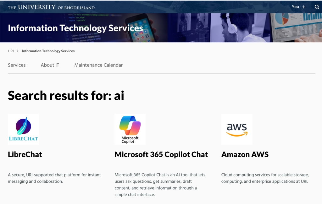 search result for AI tools showing links to LibreChat, Microsoft 365 Copilot Chat, and Amazon AWS
