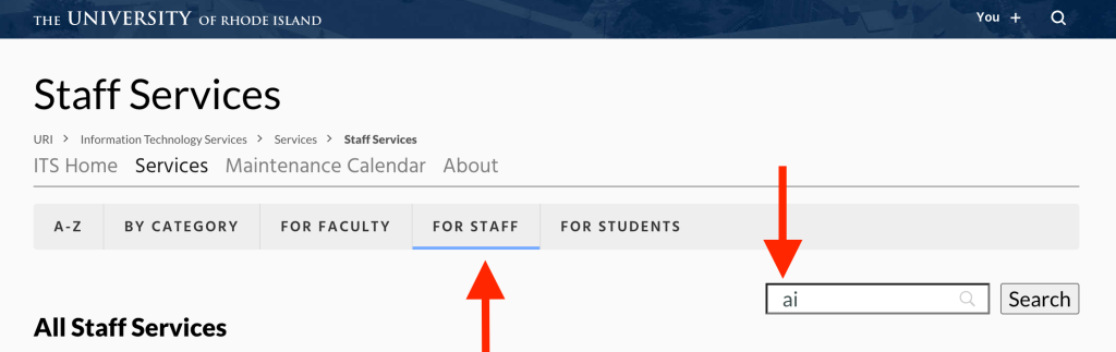 a filter selecting "for staff" and listing "ai" in the search window