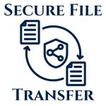 secure file transfer with icon of shield and two documents with arrows between them
