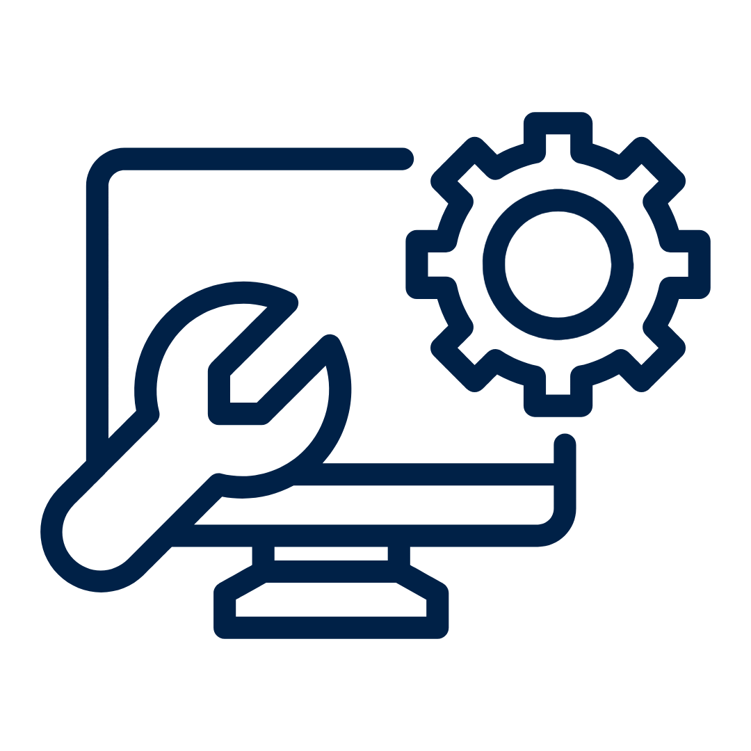 Image of a computer screen, a wrench, and a gear icon.