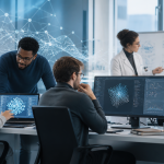Researchers collaborating with AI tools in a modern academic lab setting.