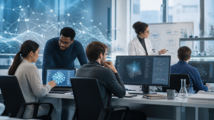 Researchers collaborating with AI tools in a modern academic lab setting.