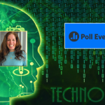 Digital head outline with two people and Poll Everywhere logo on technology background