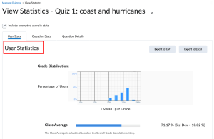 Learning analytics screenshot for Quiz data