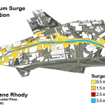 Storm surge depth modeling map for Hurricane Rhody in Providence, Rhode Island.