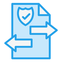 secure file transfer with icon of shield and two documents with arrows between them